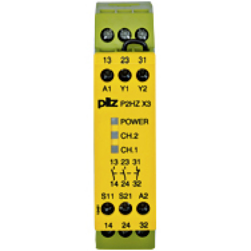 Safety relay (standalone), inputs: Per pushbutton 1 N/O, 1 N/C,outputs: 2 N/O, 1 N/C, UB 24 V DC, width: 22.5 mm, screw terminalsintegrated, two-hand control relay, simultaneity monitoring withtwo-han