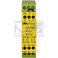 Safety relay (standalone), inputs: Per pushbutton 1 N/O, outputs2 N/O, UB 24 V DC, width: 22.5 mm, screw terminals integrated,two-hand control relay, simultaneity monitoring withtwo-hand pushbutton.