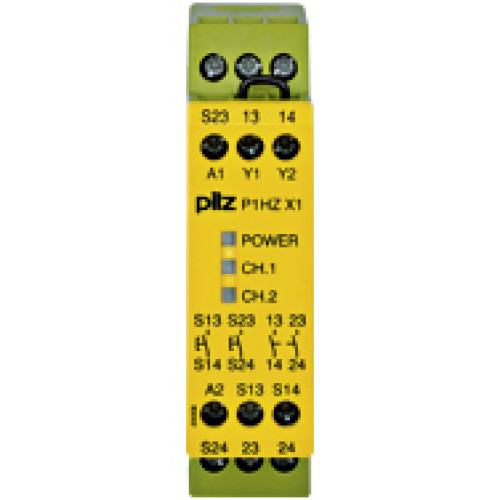 Safety relay (standalone), inputs: Per pushbutton 1 N/O, outputs2 N/O, UB 24 V DC, width: 22.5 mm, screw terminals integrated,two-hand control relay, simultaneity monitoring withtwo-hand pushbutton.