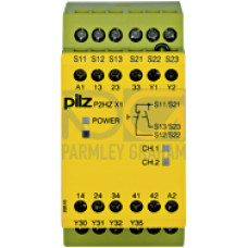 Safety relay (standalone), inputs: Per pushbutton 1 N/O, 1 N/C,outputs: 3 N/O, 1 N/C, 2 SC, UB = 110 V AC, width: 45 mm, screwterminalsintegrated, two-hand control relay, simultaneity monitoring witht