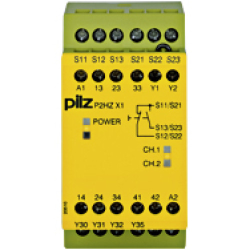 Safety relay (standalone), inputs: Per pushbutton 1 N/O, 1 N/C,outputs: 3 N/O, 1 N/C, 2 SC, UB = 110 V AC, width: 45 mm, screwterminalsintegrated, two-hand control relay, simultaneity monitoring witht