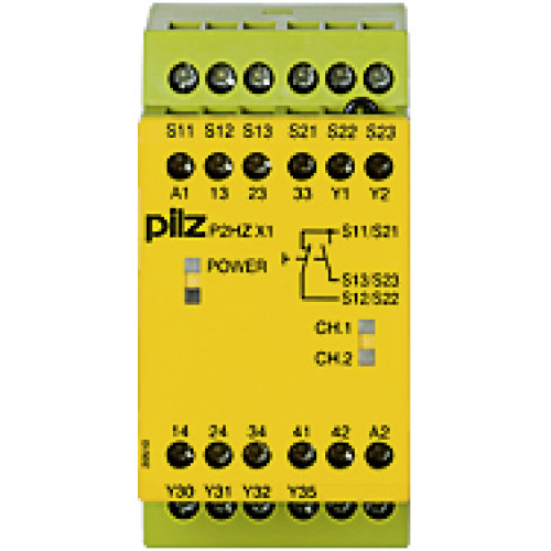 Safety relay (standalone), inputs: Per pushbutton 1 N/O, 1 N/C,outputs: 3 N/O, 1 N/C, 2 SC, UB 230 V AC, width: 45 mm, screw terminalsintegrated, two-hand control relay, simultaneity monitoring withtw