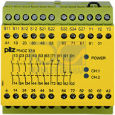 Safety relay (standalone), inputs: 1/2-channel wiringwith/without detection of shorts across contacts, outputs: 6 N/O, 4 N/C,automatic/monitored start, UB = 230 - 240 V AC, width: 90 mm,screw terminal
