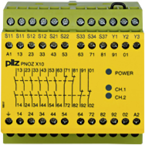 Safety relay (standalone), inputs: 1/2-channel wiringwith/without detection of shorts across contacts, outputs: 6 N/O, 4 N/C,automatic/monitored start, UB = 230 - 240 V AC, width: 90 mm,screw terminal