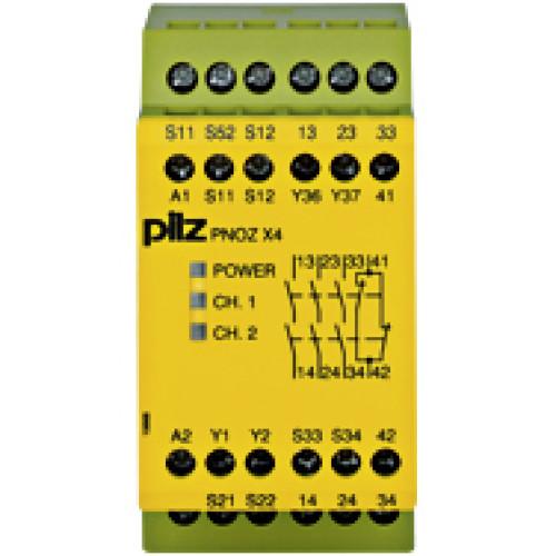 Safety relay (standalone), inputs: 1/2-channel wiringwith/without detection of shorts across contacts, outputs: 3 N/O, 1 N/C,automatic/manual/monitored start, UB 24 V DC, width: 45 mm,screw terminals 