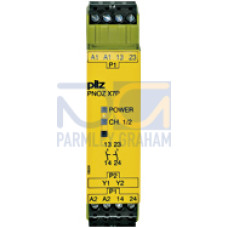 Safety relay (standalone), inputs: 1-channel wiring,outputs: 2 N/O, automatic/manual start, UB 24 V AC/DC, width:22.5 mm, plug-in screw terminals, monitoring of E-STOP,safety gates.