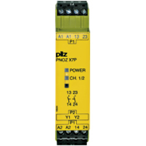 Safety relay (standalone), inputs: 1-channel wiring,outputs: 2 N/O, automatic/manual start, UB 24 V AC/DC, width:22.5 mm, plug-in screw terminals, monitoring of E-STOP,safety gates.