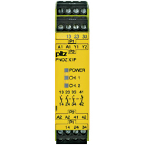 Safety relay (standalone), inputs: 1-channel wiring,outputs: 3 N/O, 1 N/C, automatic/manual start, UB 24 V DC, width:22.5 mm, plug-in screw terminals, monitoring of E-STOP,safety gates.