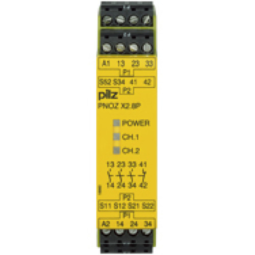 Safety relay (standalone), inputs: 1/2-channel wiringwith/without detection of shorts across contacts, outputs: 3 N/O, 1 N/C,automatic/manual start, UB 24 V AC/DC, width: 22.5 mm, plug-inscrew termina