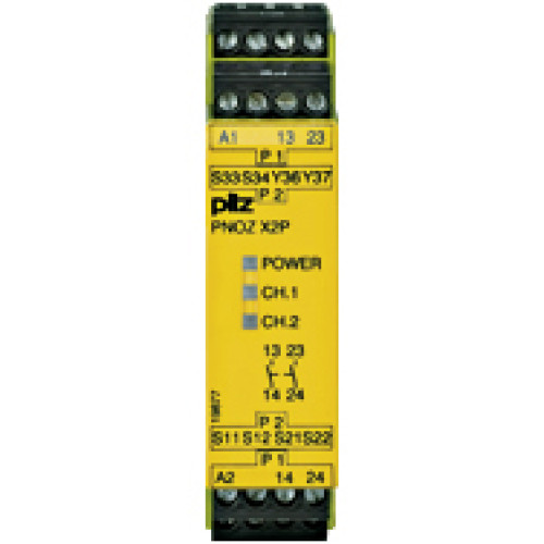 Safety relay (standalone), inputs: 1/2-channel wiringwith/without detection of shorts across contacts, outputs: 2 N/Oautomatic/manual/monitored start, UB 24 V AC/DC, width: 22.5mm, plug-in screw termi