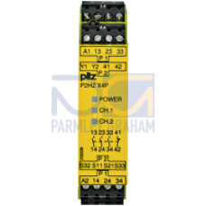 Safety relay (standalone), inputs: Per pushbutton 1 N/O, 1 N/C,outputs: 3 N/O, 1 N/C, UB 24 V DC, width: 22.5 mm, plug-inscrew terminals, two-hand control relay/monitoring of simultaneityof two-hand p