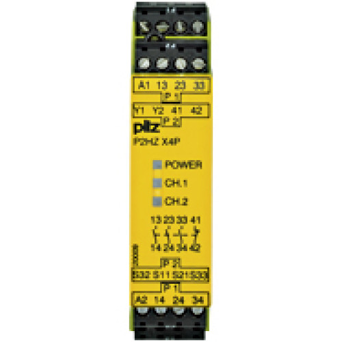 Safety relay (standalone), inputs: Per pushbutton 1 N/O, 1 N/C,outputs: 3 N/O, 1 N/C, UB 24 V DC, width: 22.5 mm, plug-inscrew terminals, two-hand control relay/monitoring of simultaneityof two-hand p