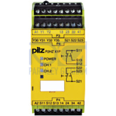 Safety relay (standalone), inputs: Per pushbutton 1 N/O, 1 N/C,outputs: 3 N/O, 1 N/C, 2 SC, UB = 230 V AC, width: 45 mm, plug-inscrew terminals, two-hand control relay/monitoring of simultaneityof two