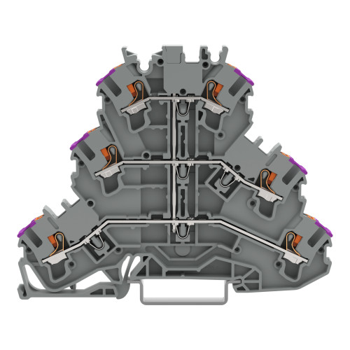 Triple-deck terminal block, with push-button, 6-conductor through terminal block, gray
