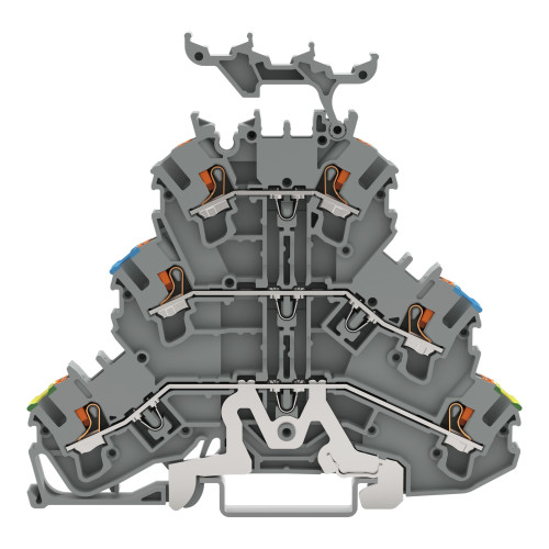 Triple-deck terminal block, Ground conductor/through/through terminal block, with push-button, gray