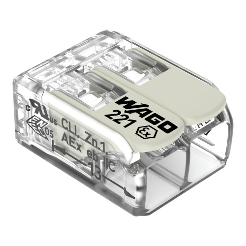 Splicing connector with levers, for all conductor types, for Ex e applications, transparent