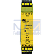 Safety relay (standalone), inputs: 1-channel wiring,outputs: 2 N/O, automatic/manual start, UB 24 V AC/DC, width:22.5 mm, plug-in spring-loaded terminals, monitoring of E-STOP,safety gates.