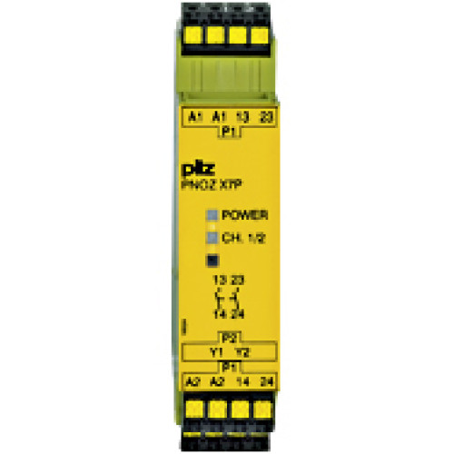 Safety relay (standalone), inputs: 1-channel wiring,outputs: 2 N/O, automatic/manual start, UB 24 V AC/DC, width:22.5 mm, plug-in spring-loaded terminals, monitoring of E-STOP,safety gates.