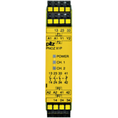 Safety relay (standalone), inputs: 1-channel wiring,outputs: 3 N/O, 1 N/C, automatic/manual start, UB 24 V DC, width:22.5 mm, spring-loaded terminals.