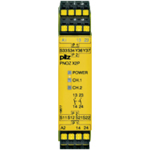 Safety relay (standalone), inputs: 1/2-channel wiringwith detection of shorts across contacts, outputs: 2 N/O,automatic/monitoredstart, UB 24 V AC/DC, width: 22.5 mm, plug-in spring-loaded terminals,m