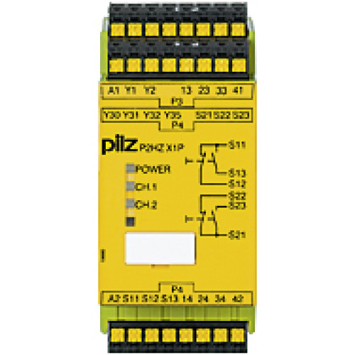 Safety relay (standalone), inputs: Per pushbutton 1 N/O, 1 N/C,outputs: 3 N/O, 1 N/C, 2 SC, UB = 24 V DC, width: 45 mm, plug-inspring-loaded terminals, two-hand control relay/monitoring ofsimultaneity