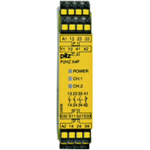 Safety relay (standalone), inputs: Per pushbutton 1 N/O, 1 N/C,outputs: 3 N/O, 1 N/C, UB = 24 V DC, width: 22.5 mm, plug-inspring-loaded terminals, two-hand control relay/monitoring ofsimultaneityof t