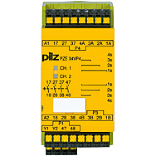Contact expansion, inputs: 1-channel wiring, outputs: 4 N/O, (t =1 - 4 s), UB = 24 V DC, width 45 mm, plug-in spring-loaded terminals,contact block for contact expansion in connection withsafety-relat