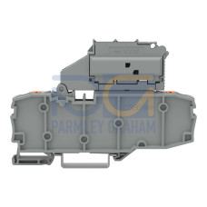 2-conductor fuse terminal block, with pivoting fuse holder, and end plate, gray