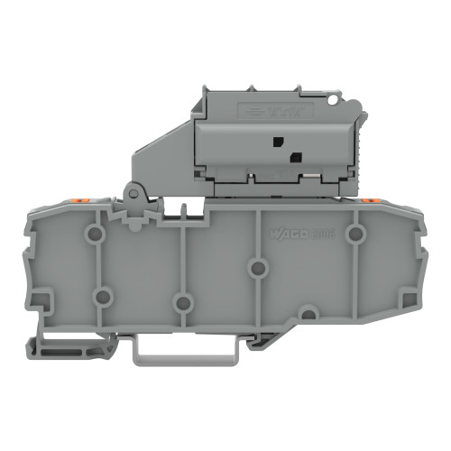 2-conductor fuse terminal block, with pivoting fuse holder, and end plate, gray
