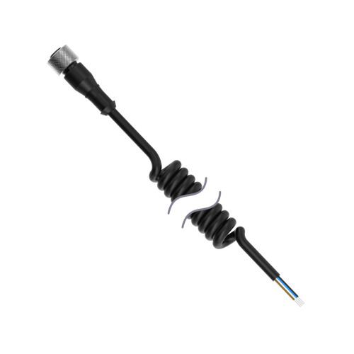Cordset: A-Code M12 to Flying Leads Single Ended Coiled, 4-pin Straight Female, 1.7 m Extended, 0.8 m retracted, with 0.2 m Tangent, Black PUR Jacket, Nickel-Plated Brass Coupling Nut