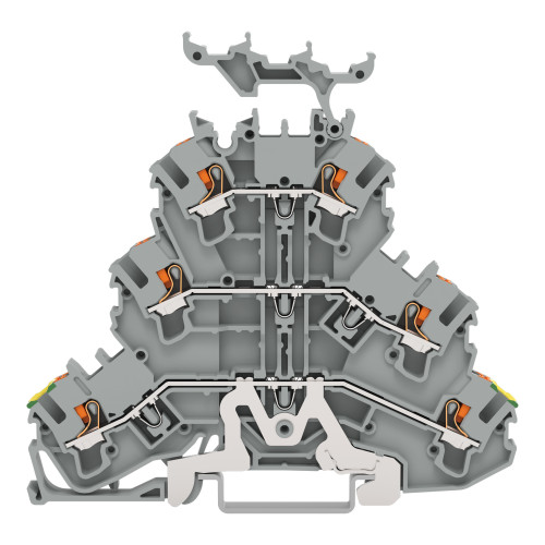 Triple-deck terminal block, Ground conductor/through/through terminal block, with push-button, gray