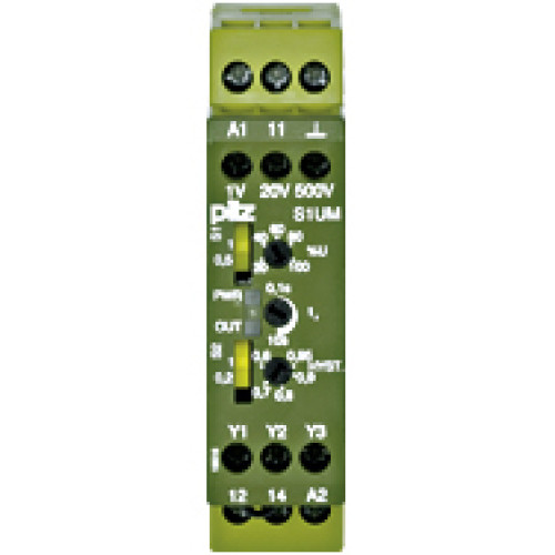 Voltage monitoring relay, to monitor min. and max.voltage values, 12 measuring ranges 0.1 - 500 V AC/DC selectable, 0.40 -400Hz, width = 22.5 mm, UB = 24 V DC.
