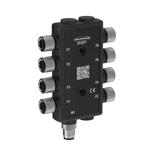 8-Port Molded Junction Box, 8 Female 5-pin M12 Ports, Male 5-pin M12 Integral Homerun, Parallel Wiring