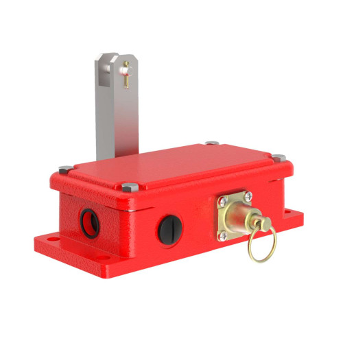 Heavy Duty Metal Emergency Stop Rope Pull, Ring Attachment, 100 m Max Range with Device Mounted in Center of Span, Latch Actuation, 2 NC Safety Contacts, 2 NC Aux Contacts