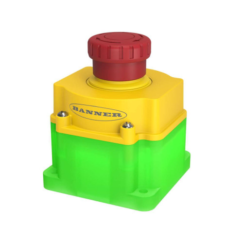 Emergency Stop: Flush Mounting 40 Push Button, Environ. Rating: IP65, Lighted, Color: Green, Red Solid/Flashing, 2 N.C. Safety Contacts, 1 N.O. Aux. Contacts, Terminal Strip