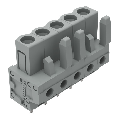 Female connector with straight solder pins 5-pole Pin spacing 5 mm / 0.197 in Solder pin 0.6x1 mm codable Vertical PCB mounting with 2 locking latches with coding finger