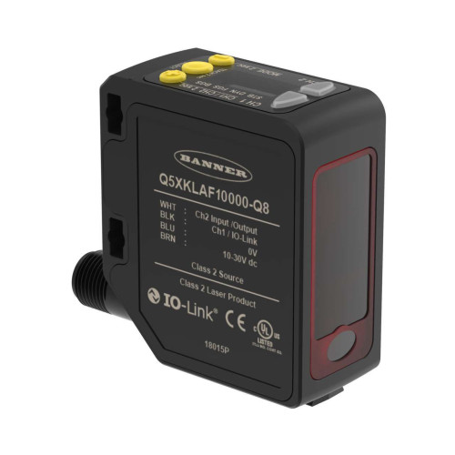 Q5X Series: Laser Adjustable Field, Range: 50-10000, Input: 10-30 V dc, Output: 1 PNP/NPN with IO-Link, 1 PNP/NPN Multi-Function I/O, 4-pin M12 Rotatable Connector