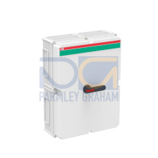 Enclosed Switch Disconnector, 4-p. 400V AC22 570A, Plastic enclosure, Black Pistol handle. Interlocked cover. Defeatable interlocking.