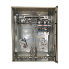 EMC safety switch, 3-p. 400V AC23 570A, 315kW. Steel sheet enclosure. IP65. Black Pistol handle. Interlocked cover. Defeatable interlocking.