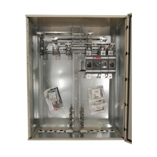 EMC safety switch, 3-p. 400V AC23 570A, 315kW. Steel sheet enclosure. IP65. Black Pistol handle. Interlocked cover. Defeatable interlocking.