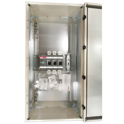 Enclosed Switch Disconnector, 3-p. 400V AC22 400A, Steel sheet enclosure, Black Pistol handle. Interlocked cover. Defeatable interlocking.