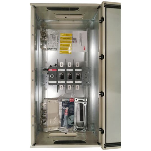 Safety switch, 3-p. 400V AC23 400A, 220kW. Steel sheet enclosure. IP65. Black Pistol handle. Interlocked cover. Defeatable interlocking.