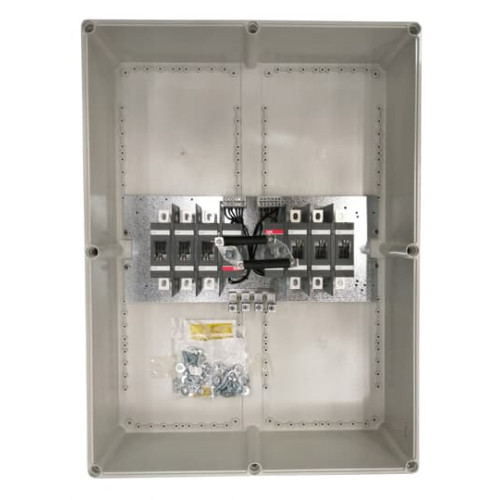 Safety switch, 6-p. 400V AC23 200A, 110kW. Plastic enclosure. IP65. RedYellow Pistol handle. Interlocked cover. Defeatable interlocking.