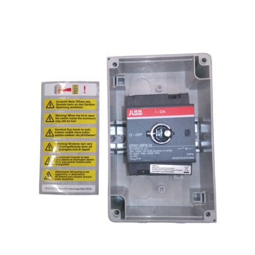 Enclosed solar switch DC21 660V/25A Plastic enclosure IP65 Black Selector handle. Interlocked cover.  Defeatable interlocking.