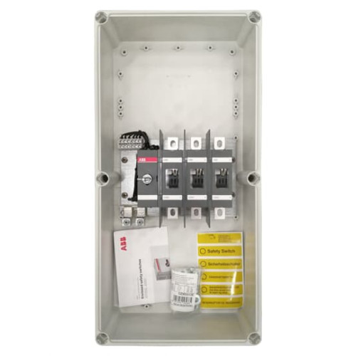 Safety switch, 3-p. 400V AC23 200A, 110kW. Plastic enclosure. IP65. Black Pistol handle. Interlocked cover. Defeatable interlocking.