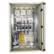 Safety switch, 3-p. 400V AC23 315A, 160kW. Steel sheet enclosure. IP65. Black Pistol handle. Interlocked cover. Defeatable interlocking.