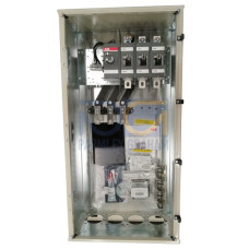 EMC safety switch, 3-p. 400V AC23 315A, 160kW. Steel sheet enclosure. IP65. Black Pistol handle. Interlocked cover. Defeatable interlocking.
