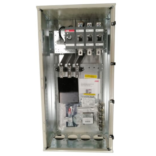 EMC safety switch, 3-p. 400V AC23 315A, 160kW. Steel sheet enclosure. IP65. Black Pistol handle. Interlocked cover. Defeatable interlocking.