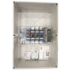 Enclosed Switch Disconnector, 3-p. 400V AC22 200A, Plastic enclosure, Black Pistol handle. Interlocked cover. Defeatable interlocking.