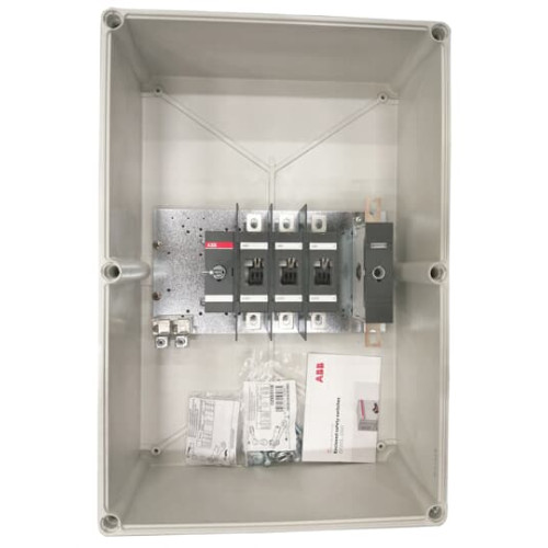 Enclosed Switch Disconnector, 3-p. 400V AC22 200A, Plastic enclosure, Black Pistol handle. Interlocked cover. Defeatable interlocking.